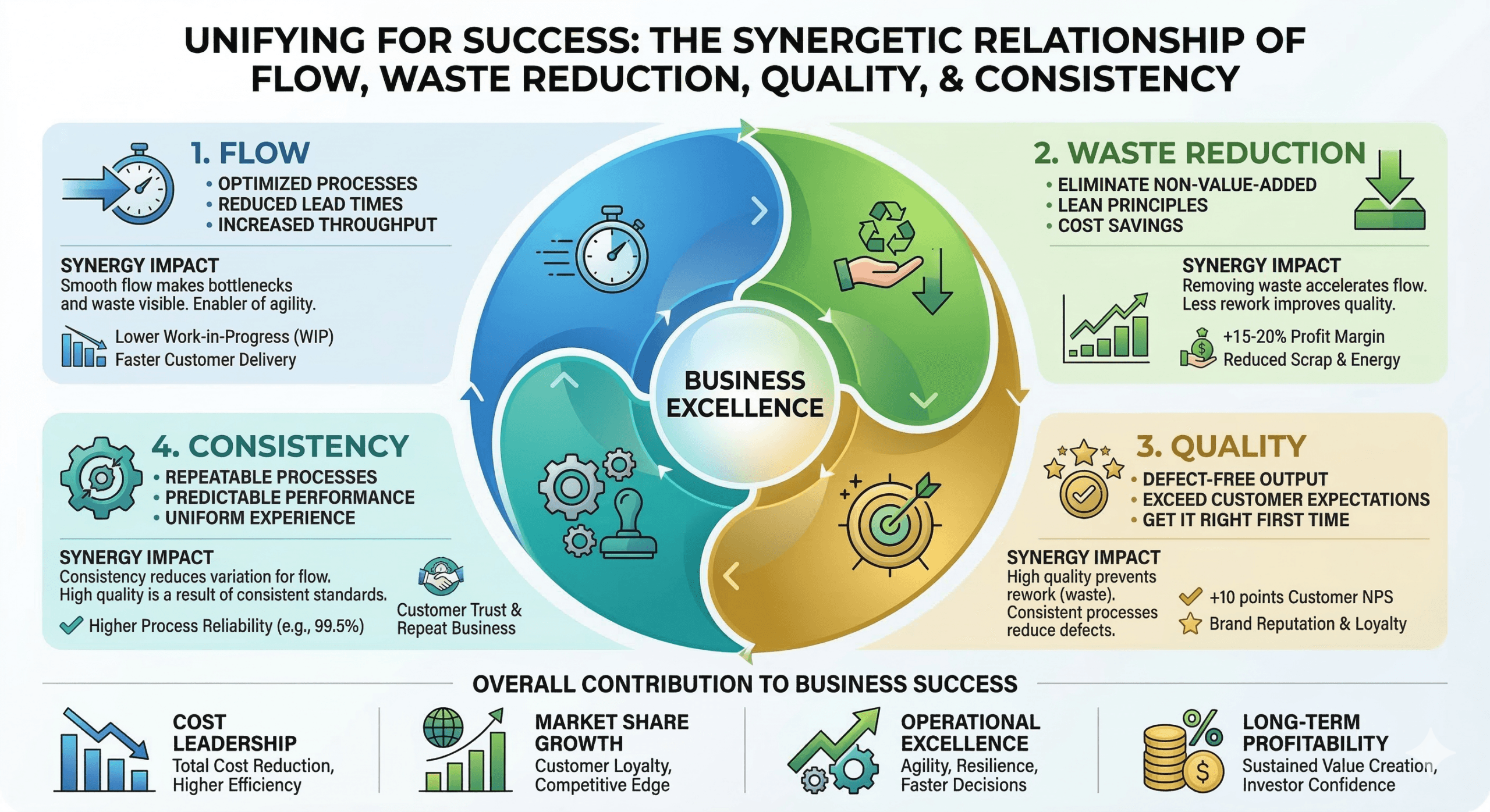 ภาพรวมของ Lean Six Sigma แสดงการไหลของกระบวนการ การยกระดับคุณภาพ การลดความสูญเปล่า และผลการดำเนินงานทางธุรกิจในองค์กร
