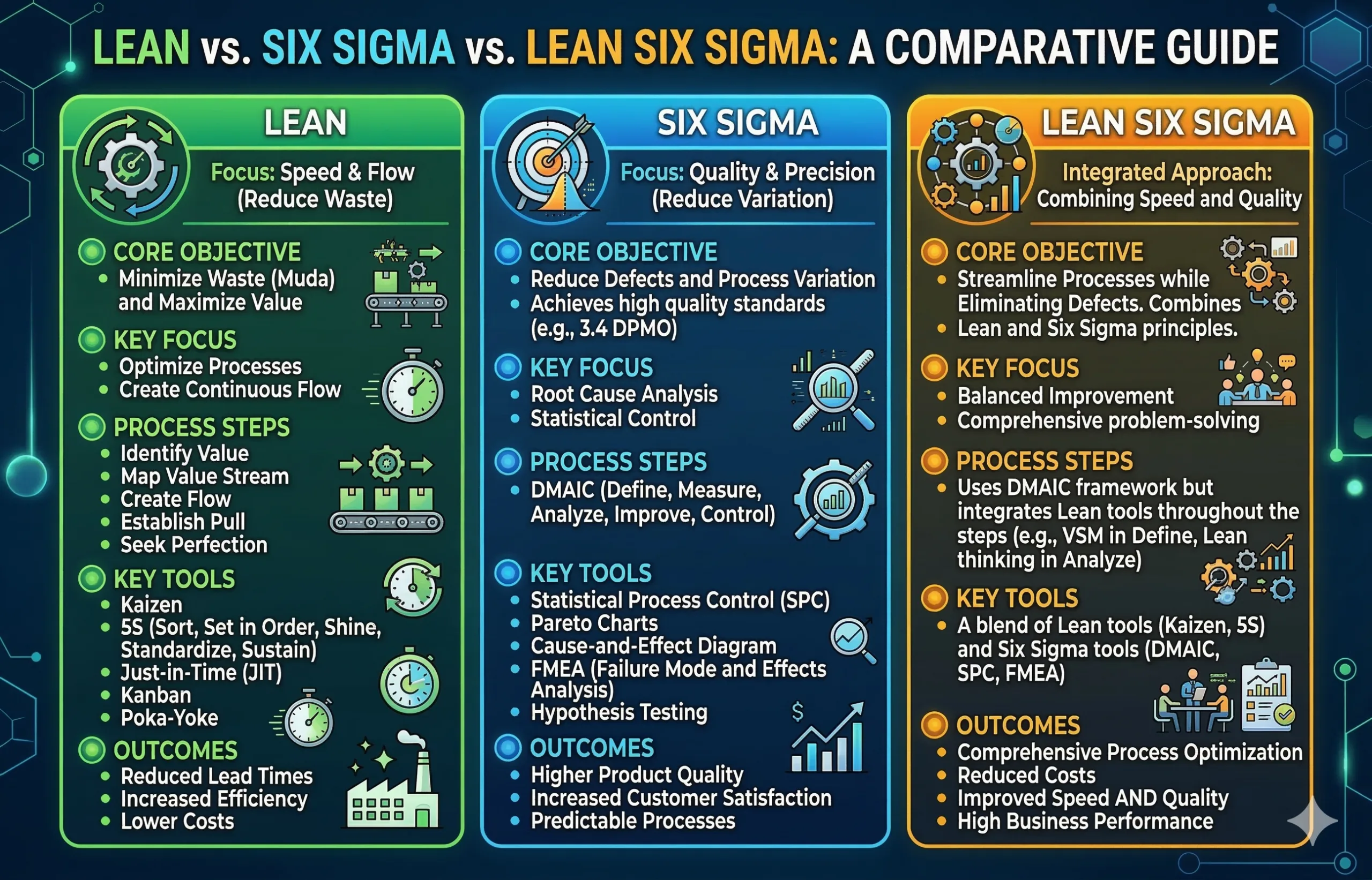 ภาพเปรียบเทียบ Lean และ Six Sigma แสดงความเร็ว การลดความสูญเปล่า คุณภาพ และความสม่ำเสมอ
