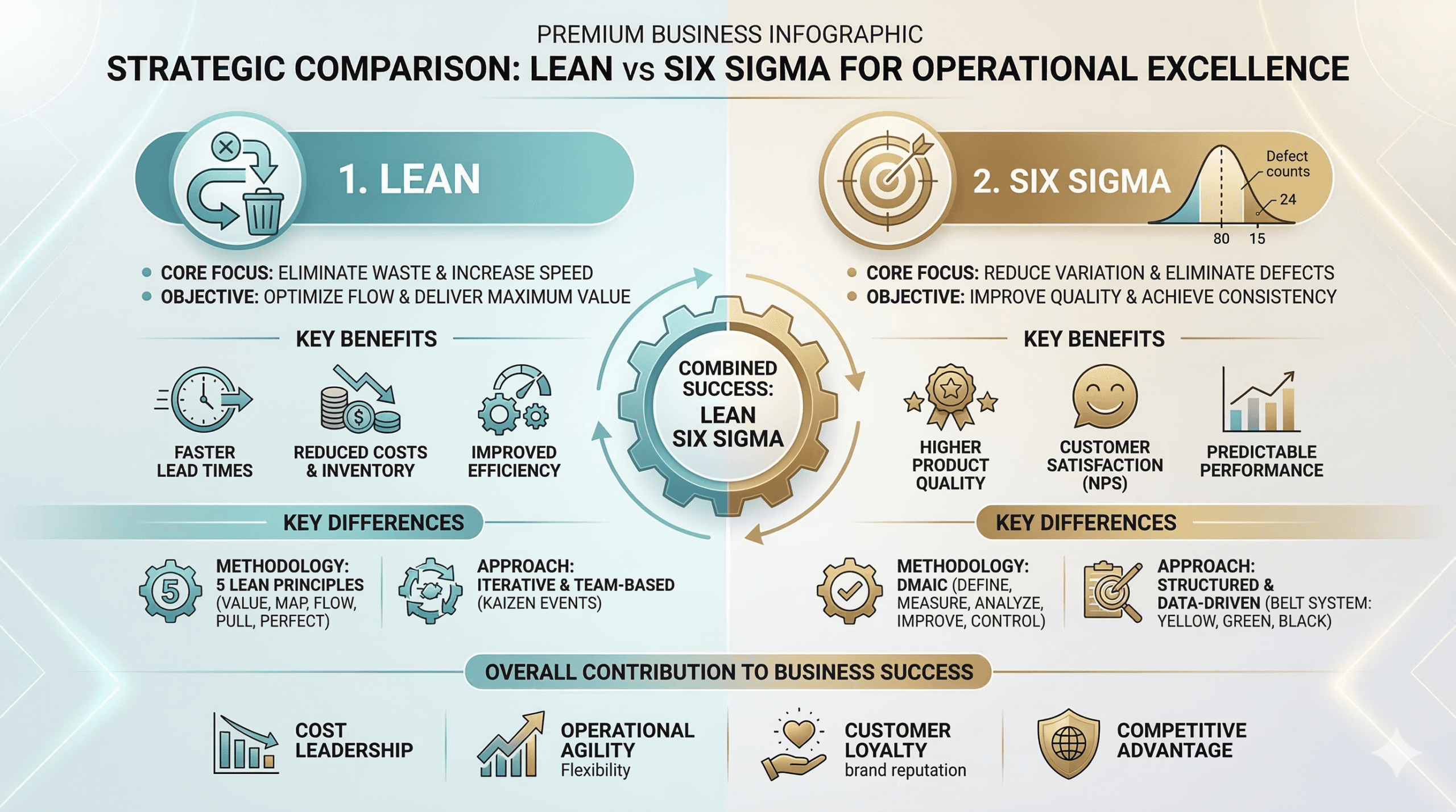 ภาพเปรียบเทียบ Lean และ Six Sigma แบบเคียงข้างกัน แสดงการลดความสูญเปล่า การปรับปรุงการไหลของงาน การลดข้อบกพร่อง และความสม่ำเสมอของกระบวนการ