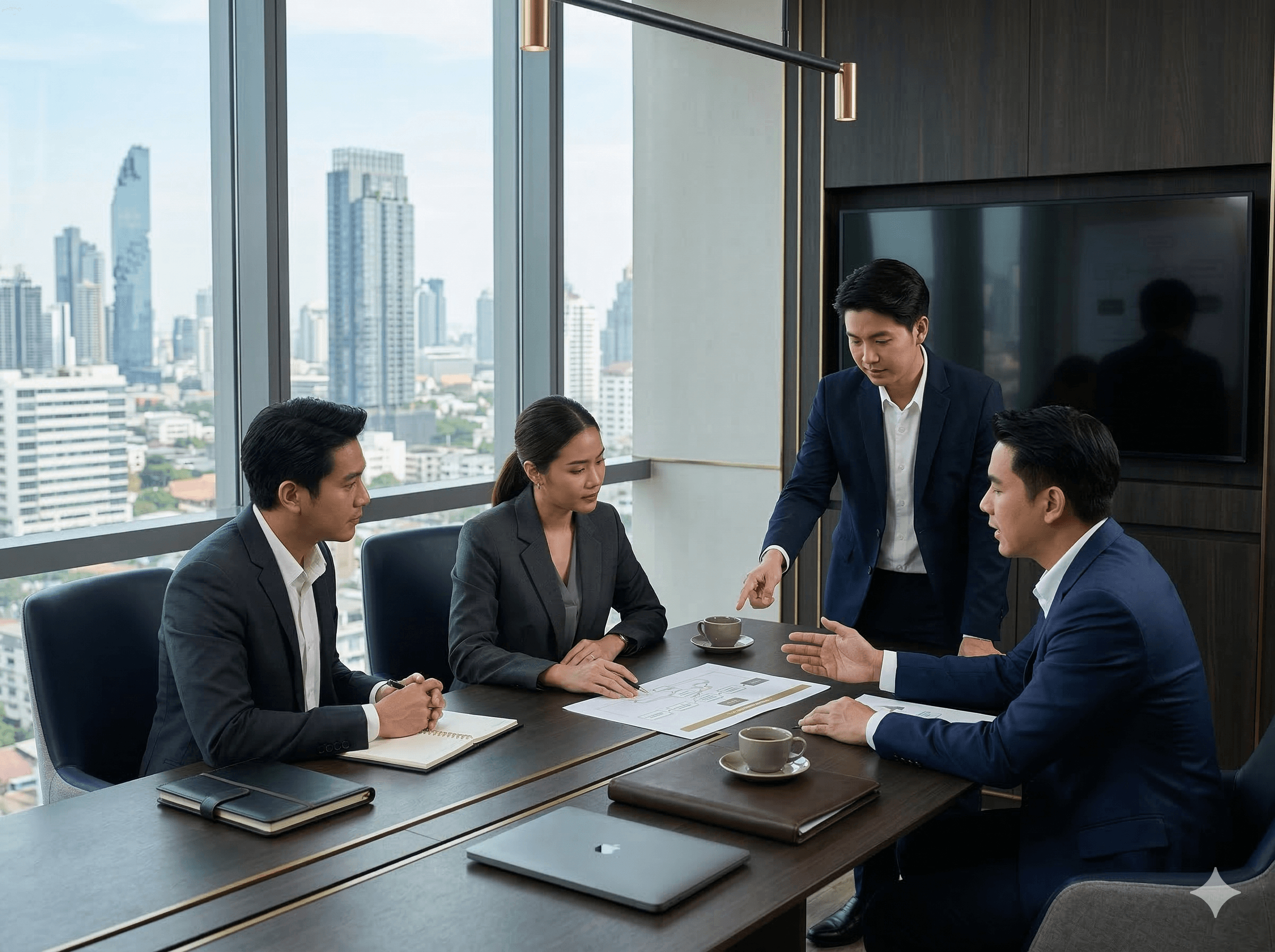 ผู้บริหารธุรกิจในประเทศไทยกำลังหารือเรื่องการปรับปรุงกระบวนการและแนวทาง Lean Six Sigma ในห้องประชุมสมัยใหม่
